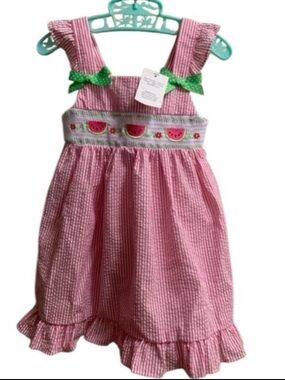 Good Lad Smocked Watermelon Seersucker Pink White Striped Dress 5 Years New.